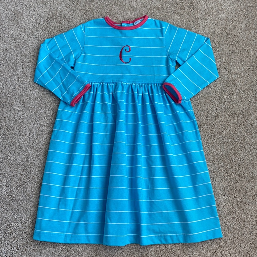 Girls' Blue Striped Long-Sleeve Dress with Pink Trim